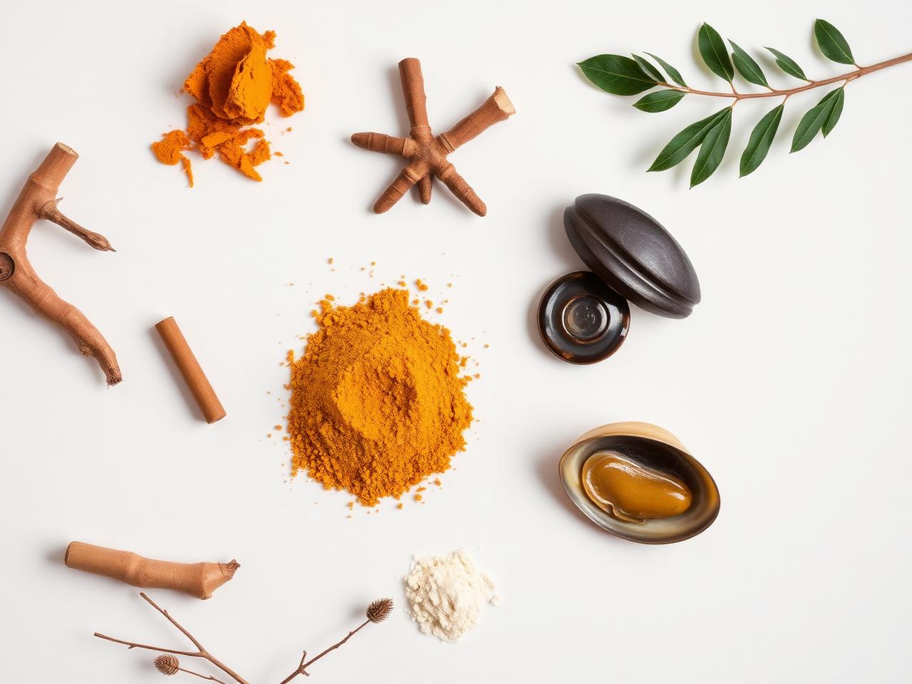 Turmeric, boswellia resin, ginger and collagen powder arranged on a white surface