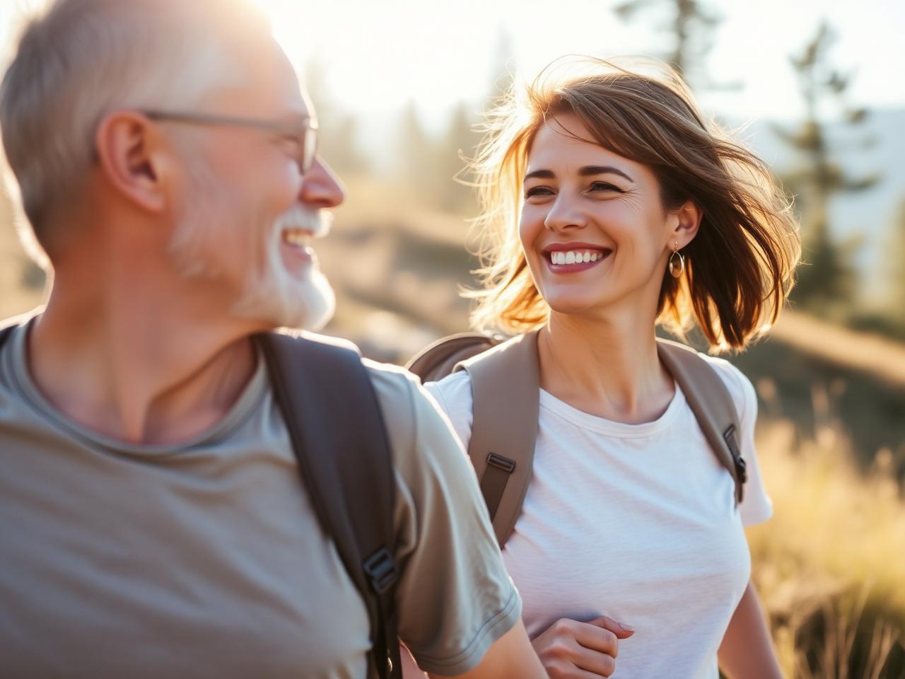 An active couple walking outdoors in morning light